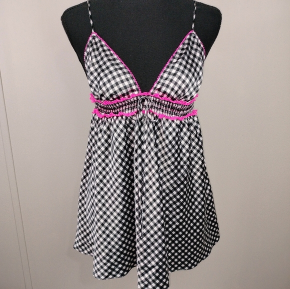 NWT Victoria's Secret Black & White Gingham w/ Pink Trim Babydoll Negligee Sz. M - Picture 2 of 12